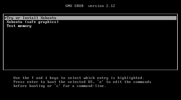 Экран загрузчика Xubuntu 24.04 LTS с вариантами Try или Install.