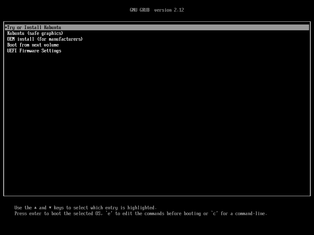 Меню загрузки Kubuntu 24.04 LTS с вариантами Try or Install.