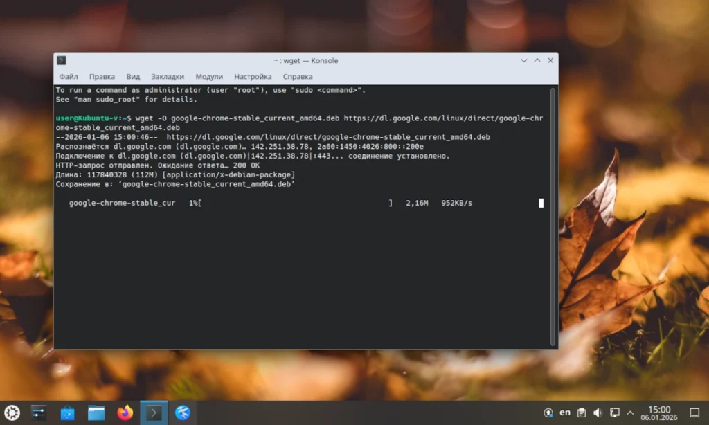 Терминал Linux с командой wget для скачивания Chrome