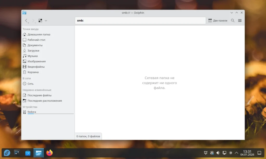 Скриншот файлового менеджера Linux (Dolphin/Nautilus) с пустым разделом «Сеть» (Network)