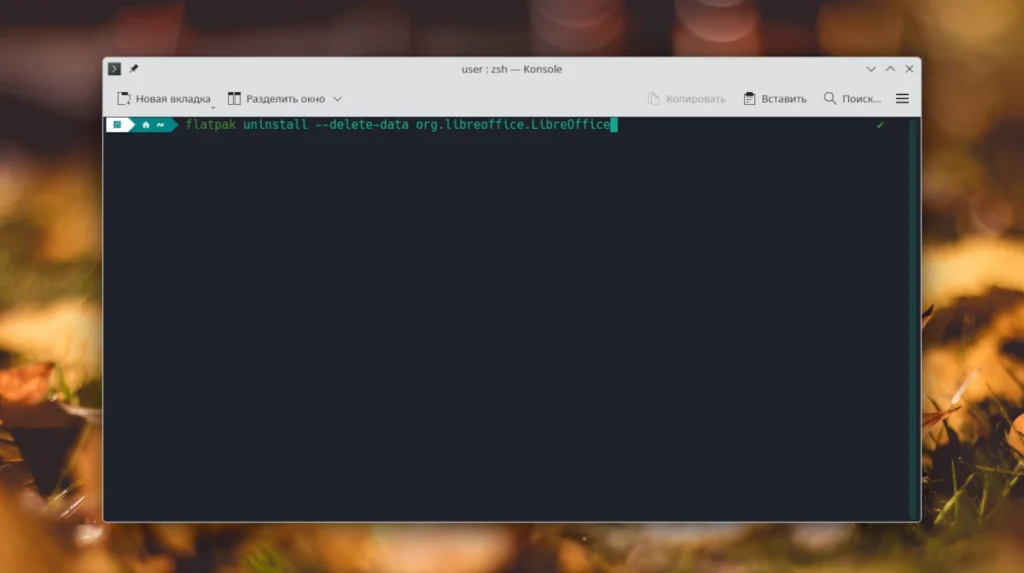 Окно терминала с командой удаления Flatpak-версии LibreOffice (flatpak uninstall --delete-data)