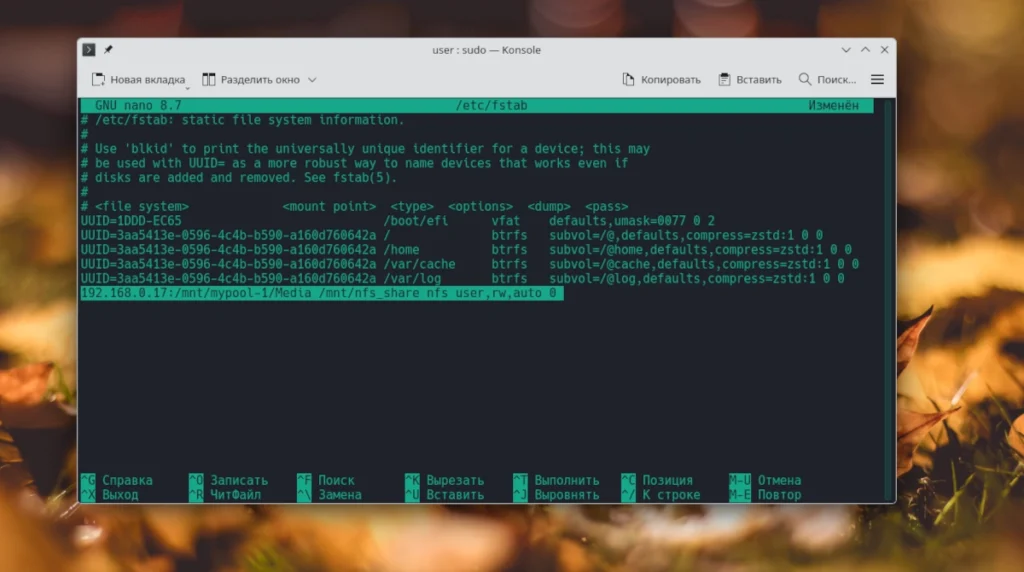 Редактор nano с открытым файлом /etc/fstab, где выделена строка с настройкой автоматического монтирования NFS-шары при загрузке системы