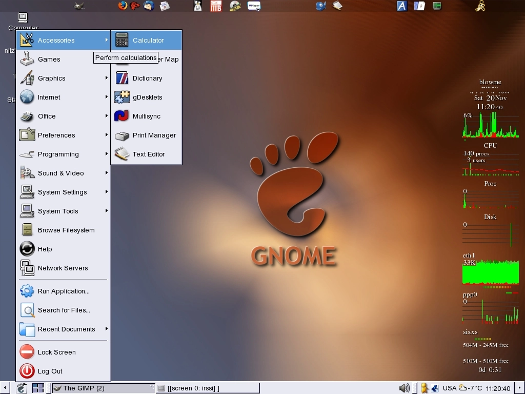 Скриншот классического рабочего стола GNOME 2 с двумя панелями и традиционным меню