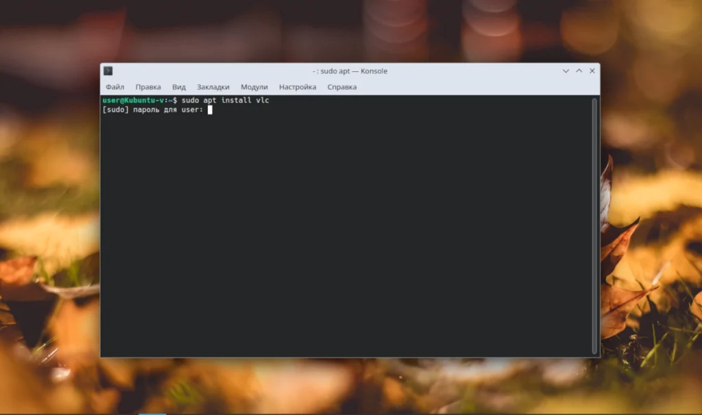 Терминал Ubuntu с выполненной командой установки VLC: sudo apt install vlc