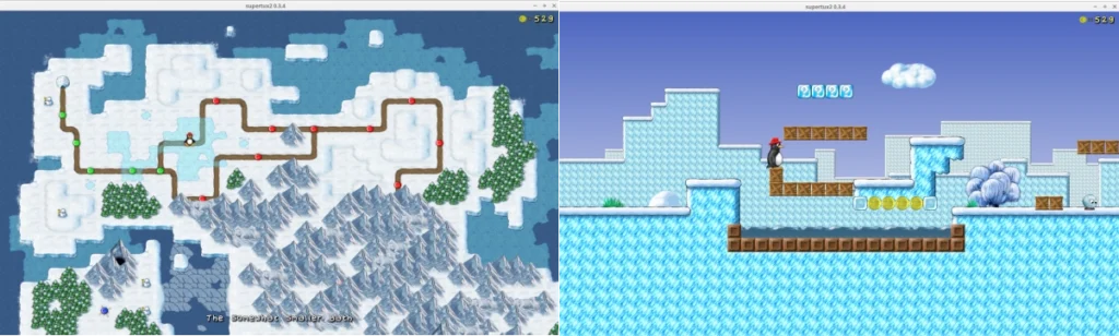 Пингвин Tux прыгает по платформам и собирает монеты в игре SuperTux2 для Linux