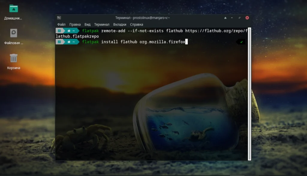 Окно терминала Linux с выполненной командой установки Firefox через Flatpak: flatpak install flathub org.mozilla.firefox