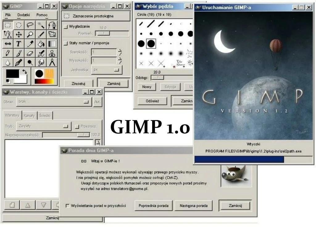 Скриншот одной из самых ранних версий графического редактора GIMP с базовым интерфейсом