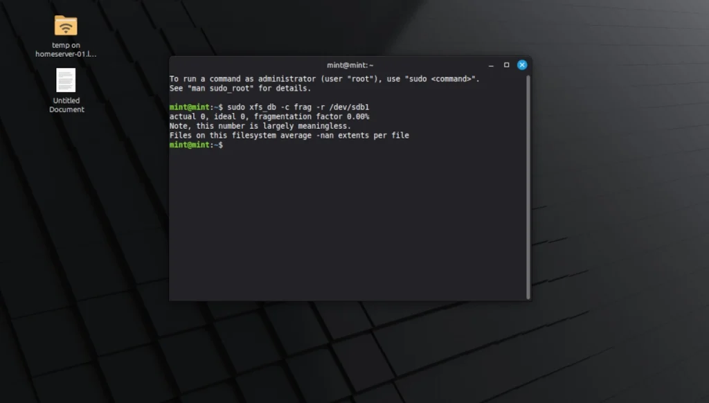 Проверка фрагментации диска XFS в Linux с помощью команды fsck в терминале