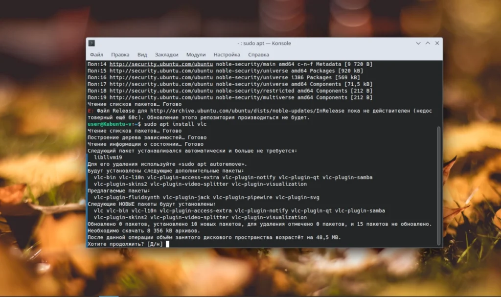 Установка программы в Linux через терминал командой sudo apt install