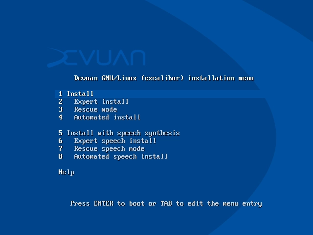 Меню загрузки установщика Devuan 6.0 Excalibur