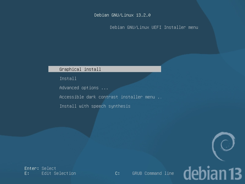 Начальное загрузочное меню установщика Debian 13 Trixie с вариантами «Graphical install», «Install» и другими