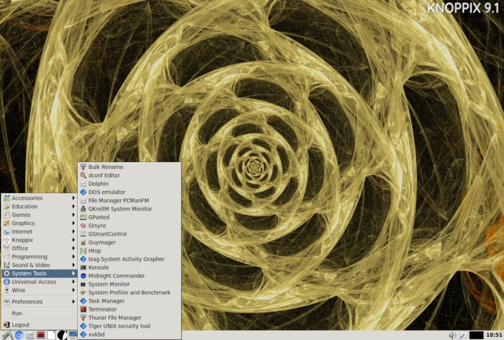 Меню KNOPPIX V9.1 с выделенным разделом «Восстановление» и списком утилит: testdisk, gparted, ddrescue
