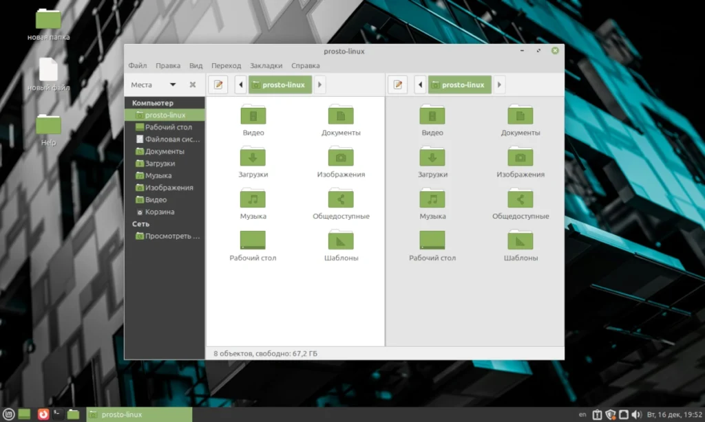Файловый менеджер Caja в Linux Mint Mate с открытым двухпанельным режимом для эффективного управления файлами