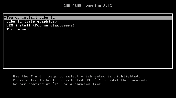 Меню загрузчика Lubuntu 24.04 LTS