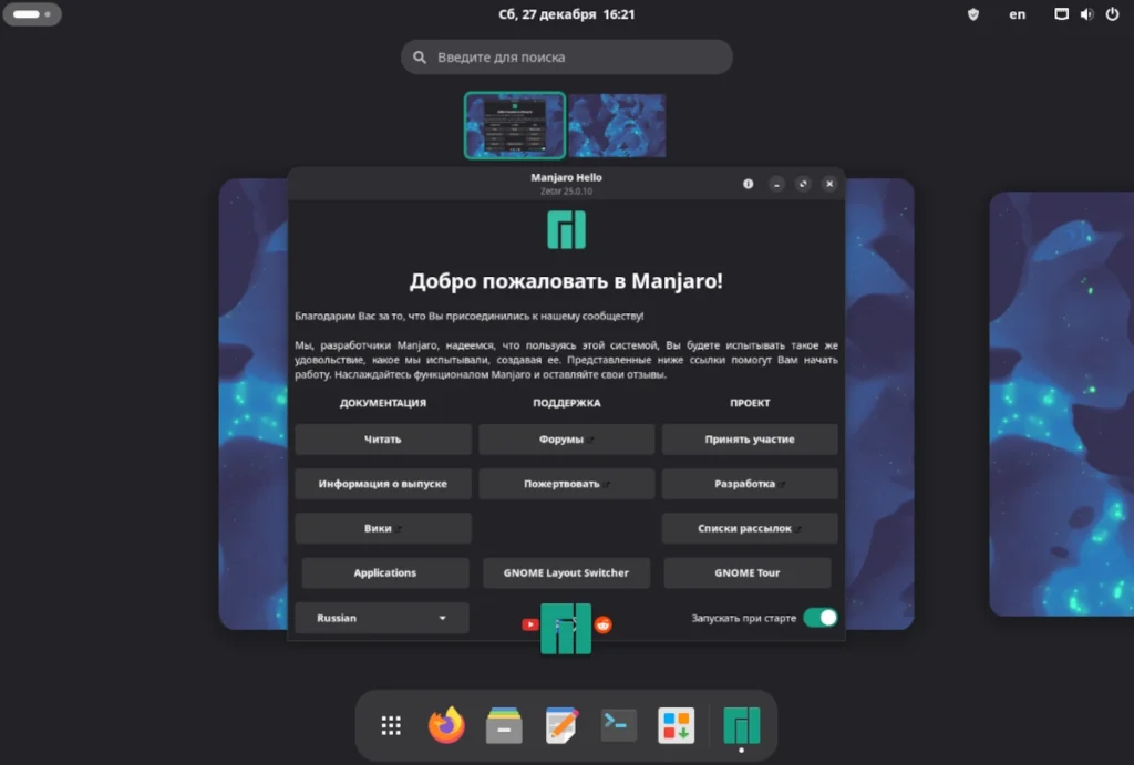 Скриншот чистого рабочего стола Manjaro GNOME 25.0.10 с окружением GNOME 46, демонстрирующий Activities Overview