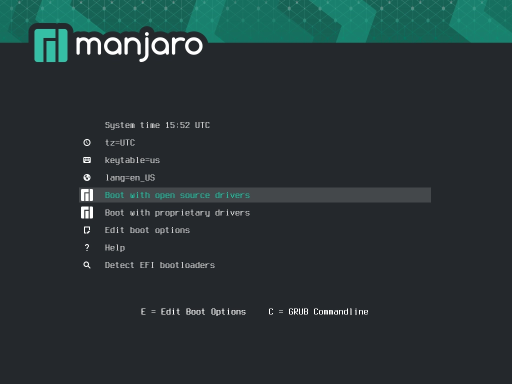 Меню загрузчика Manjaro с выделенным пунктом «Boot: Manjaro GNOME»