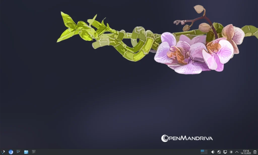 Обзор рабочего стола OpenMandriva Lx 6.0 с KDE Plasma 5.27, демонстрирующий чистый интерфейс и виджеты.