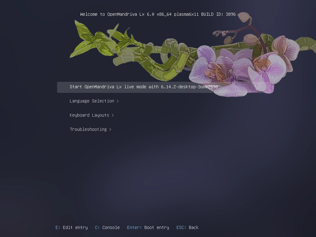 Меню загрузчика OpenMandriva Lx 6.0 - выбор Live CD или установки