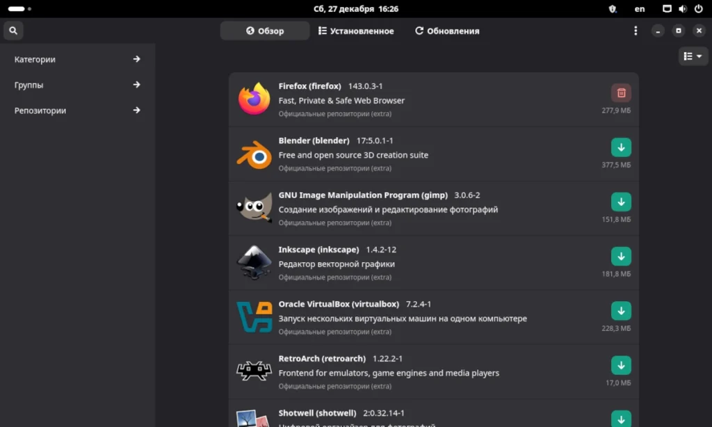 Скриншот менеджера пакетов Pamac с открытой вкладкой AUR