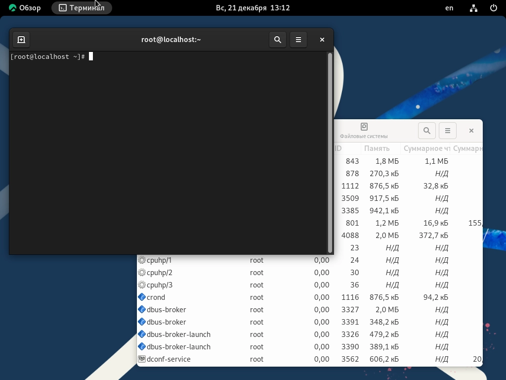 Скриншот рабочего стола GNOME в Rocky Linux 9.7 с открытым терминалом и окном системного монитора