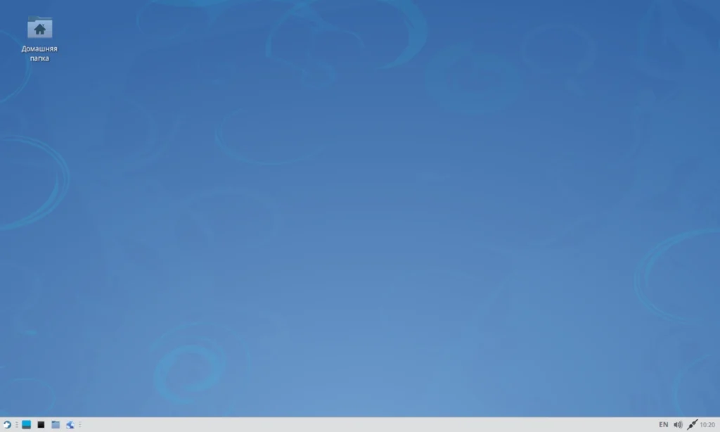 Чистый рабочий стол Runtu XFCE 24.04 с нижней панелью, меню приложений, иконками и светлой темой оформления