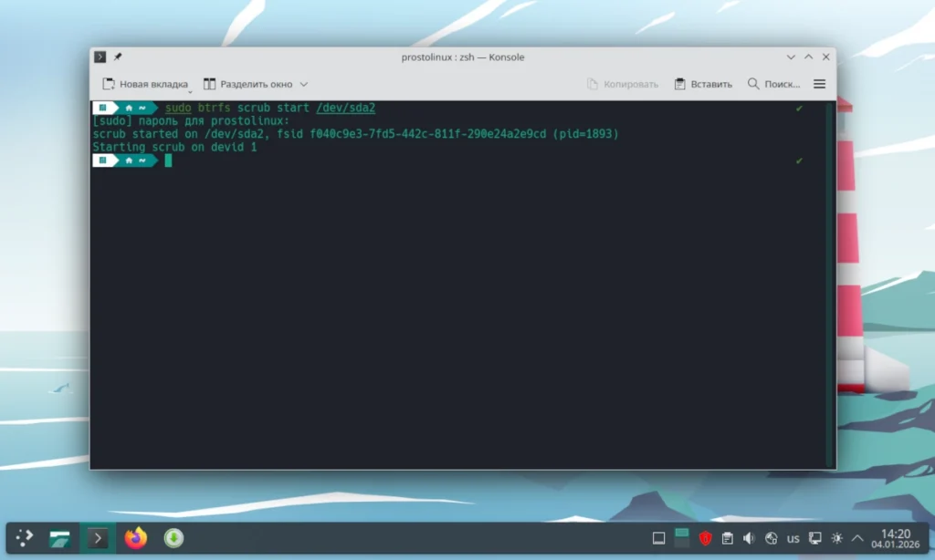 Запуск проверки целостности данных командой btrfs scrub start