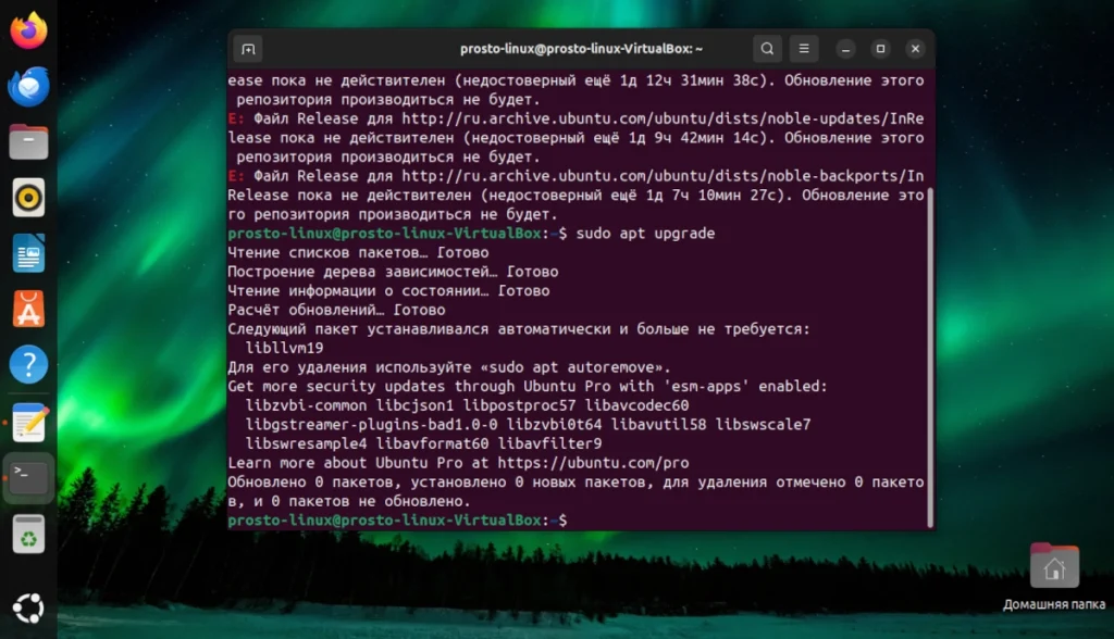 Процесс обновления системы в терминале Ubuntu командами sudo apt update и sudo apt upgrade