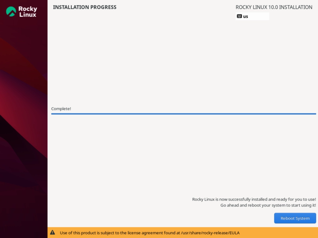 Экран завершения установки Rocky Linux 10 с предложением перезагрузить систему