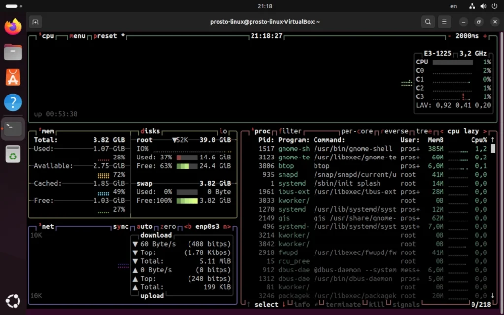 Окно btop с графиками загрузки CPU, памяти, дисков и сети в терминале Linux