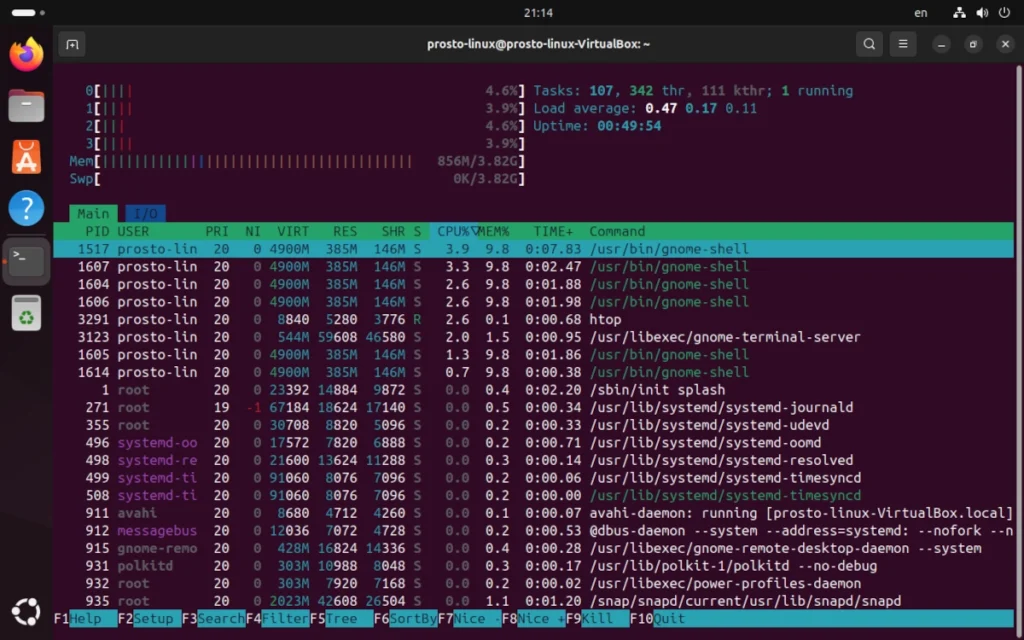 Интерфейс утилиты htop, показывающий загрузку процессора, памяти и список процессов