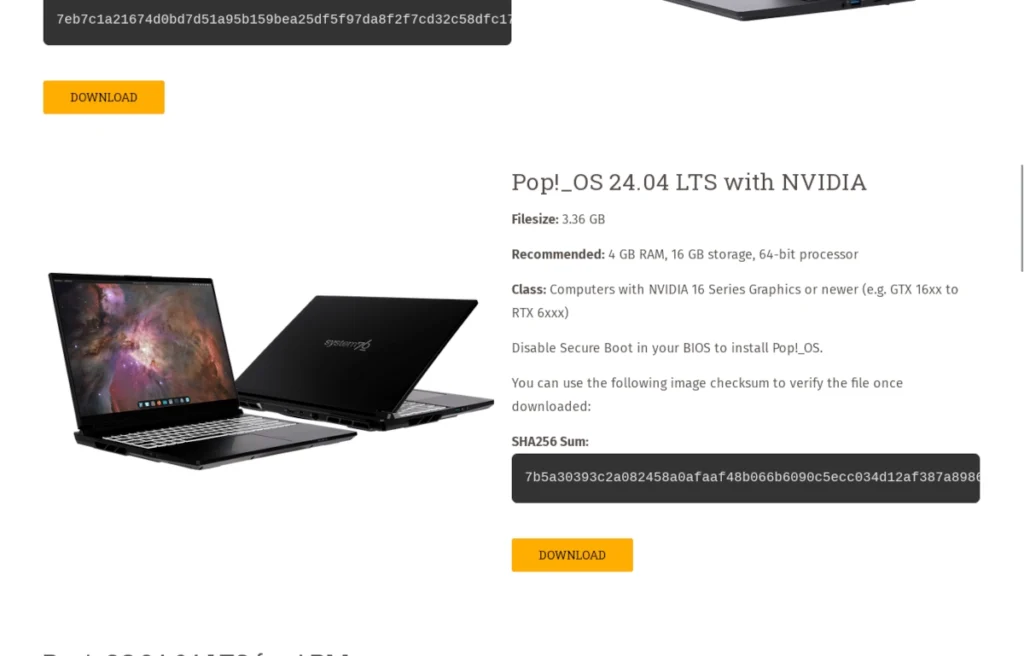 Скриншот сайта Pop!_OS с выделенной версией для NVIDIA