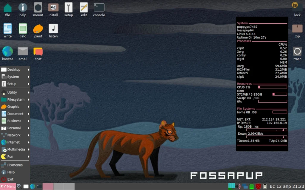 Рабочий стол Puppy Linux с оконным менеджером JWM и открытым меню.