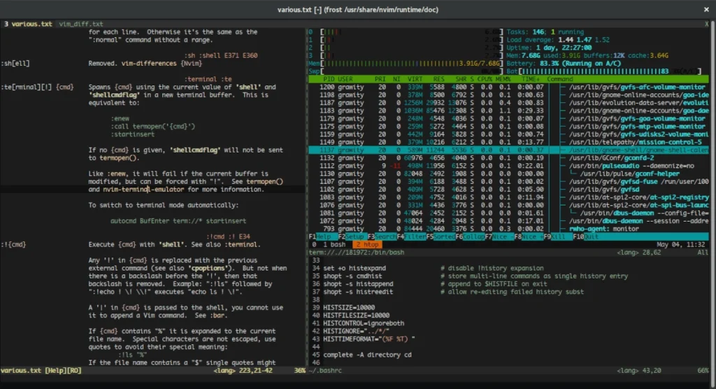 Разделённое окно tmux с панелями для разных задач в Linux