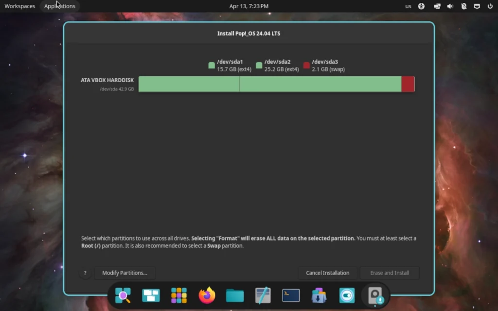Окно ручной разметки диска при установке Pop!_OS с созданием разделов /, /home и swap