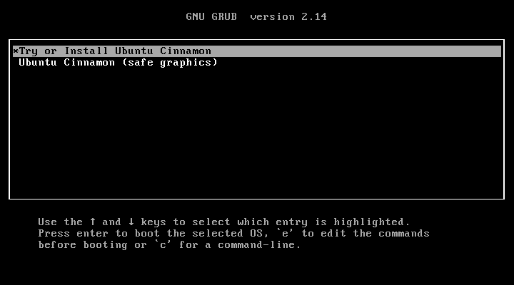 Меню загрузки Ubuntu Cinnamon 26.04 с выбором Try or Install